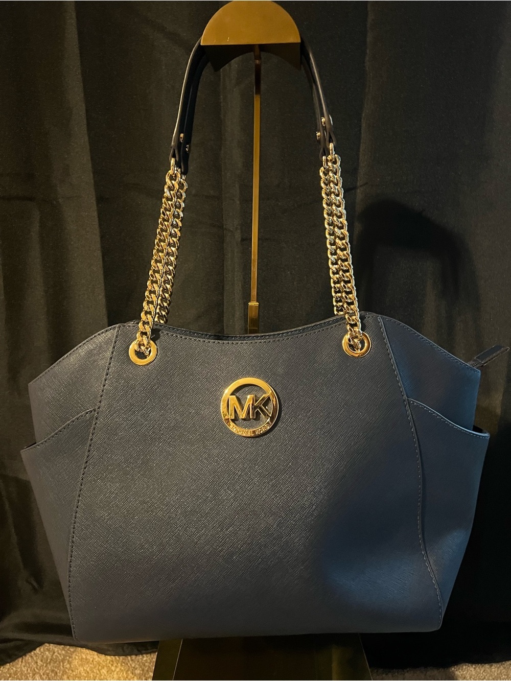 Michael Kors Navy Saffiano Leather Shoulder Tote with Gold Hardware
